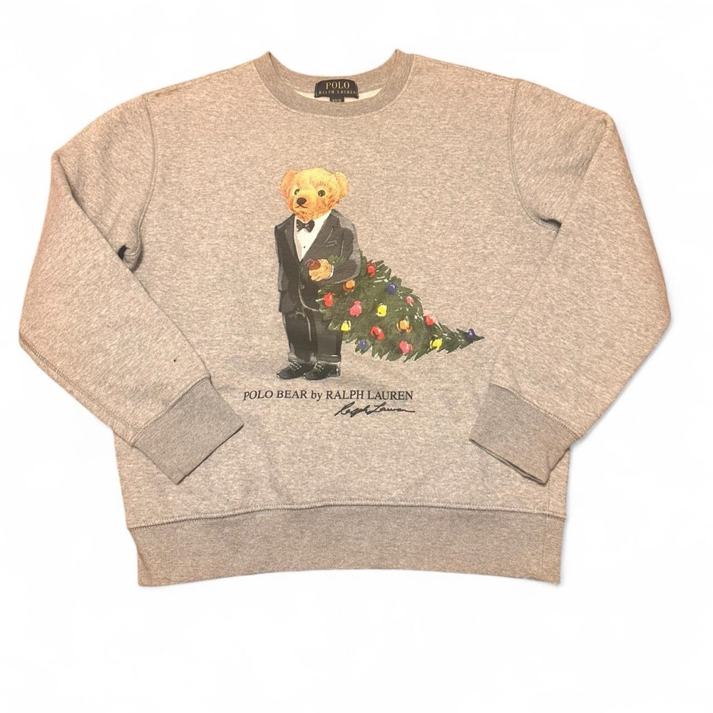 Polo Ralph Lauren Youth Grey Christmas Bear‎ Crewneck Sweatshirt Size Medium